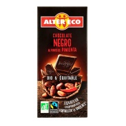 Vista frontal del chocolate negro al punto de pimienta bio, 100 g Altereco en stock