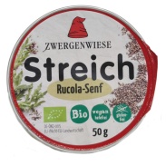 Vista frontal del paté vegetal rúcula y mostaza 50gr Zwergenwiese en stock