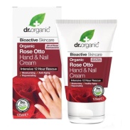 Vista frontal del crema de manos y uñas de Rose Otto 125ml Dr. Organic en stock