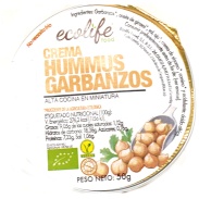 Vista frontal del paté hummus de garbanzo 50gr bio Ecolife en stock