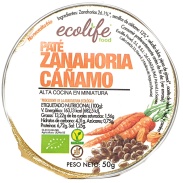 Vista frontal del paté zanahoria y cañamo 50gr bio Ecolife en stock