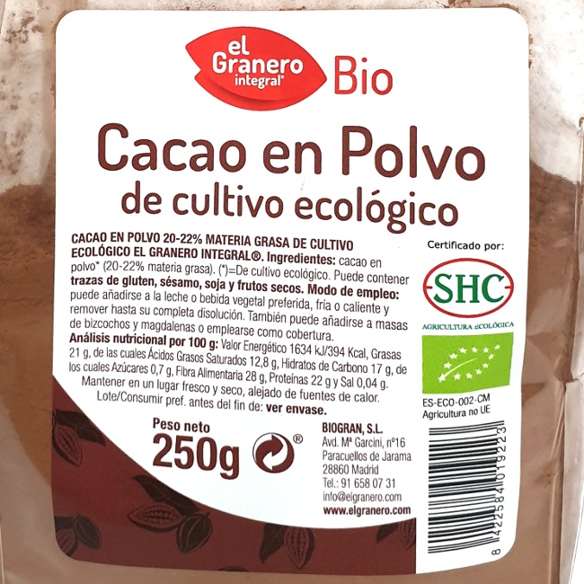 Foto detallada de cacao en polvo Bio 250gr El Granero integral