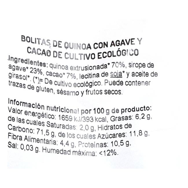 Foto detallada de bolitas de quinoa ágave y cacao bio 300gr El Granero