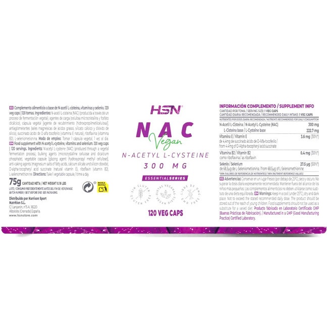 Foto detallada de nac (N-acetil-l-cisteina) 300 mg 120 cáps veg HSN