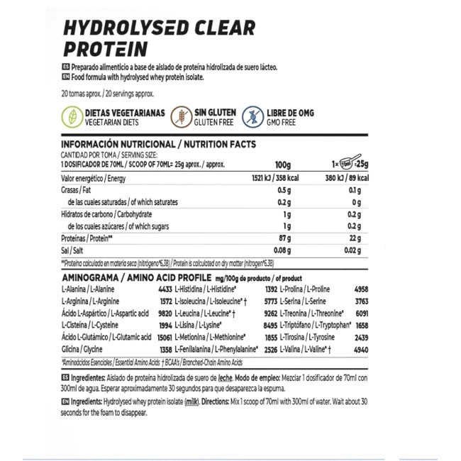 Foto detallada de aislado de proteína hidrolizada clear whey 500 g HSN