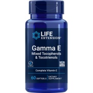 Vista frontal del tocoferoles mixtos gamma E 60 cáps Life Extension en stock