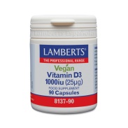Vista frontal del vitamina D3 Vegana 1000 UI (25 µg) 90 cápsulas Lamberts en stock