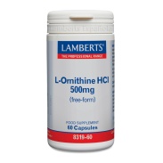 Vista frontal del l-Ornitina HCL 500mg 60 cápsulas Lamberts en stock