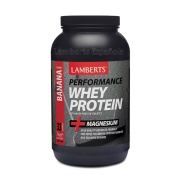 Vista frontal del whey Protein (sabor Plátano) 1Kg Lamberts Sport en stock