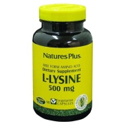 Vista frontal del l-lisina 500 mg 90 cáps Natures Plus en stock