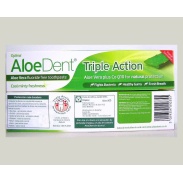 Vista delantera del pasta de dientes AloeDent triple accion 100 ml Optima en stock