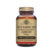 Vista delantera del vitamina D3 2200 UI (55mcg) 100 cápsulas Solgar en stock