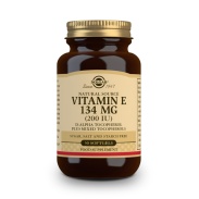 Vista frontal del vitamina E 200 UI (134mg) 50 perlas Solgar en stock