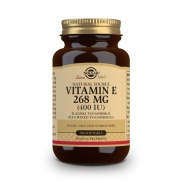 Vista frontal del vitamina E 400 UI (268mg) 100 perlas Solgar en stock