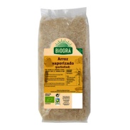 Vista frontal del arroz vaporizado (Parboiled) 500 g Biogra en stock