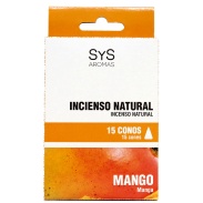 Vista frontal del incienso natural Sys 15 conos mango en stock