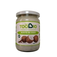 Vista delantera del aceite de coco virgen extra de 500 ml Toobio en stock