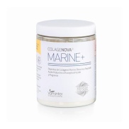 Vista frontal del colagenova marine + colageno marino+ hialuronico + magnesio 295 gr limon en stock