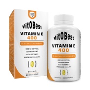 Vista frontal del vitamina E 400 (DL-alfa-Tocoferol) 60 perlas VitOBest en stock