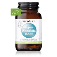Vista frontal del rodiola bio 400 mg vegano 30 cáps Viridian en stock